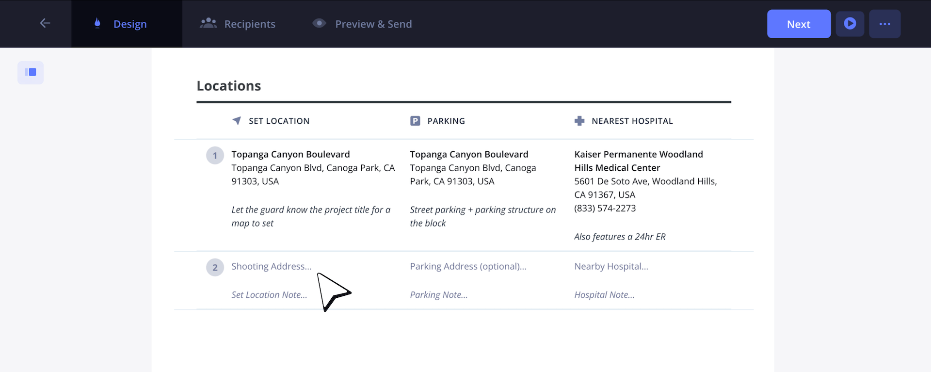 Music Video Call Sheet Shooting Locations Set Multiple Addresses with Parking and Nearby Hospitals Music Video Call Sheet Shooting Locations Set Multiple Addresses with Parking and Nearby Hospitals
