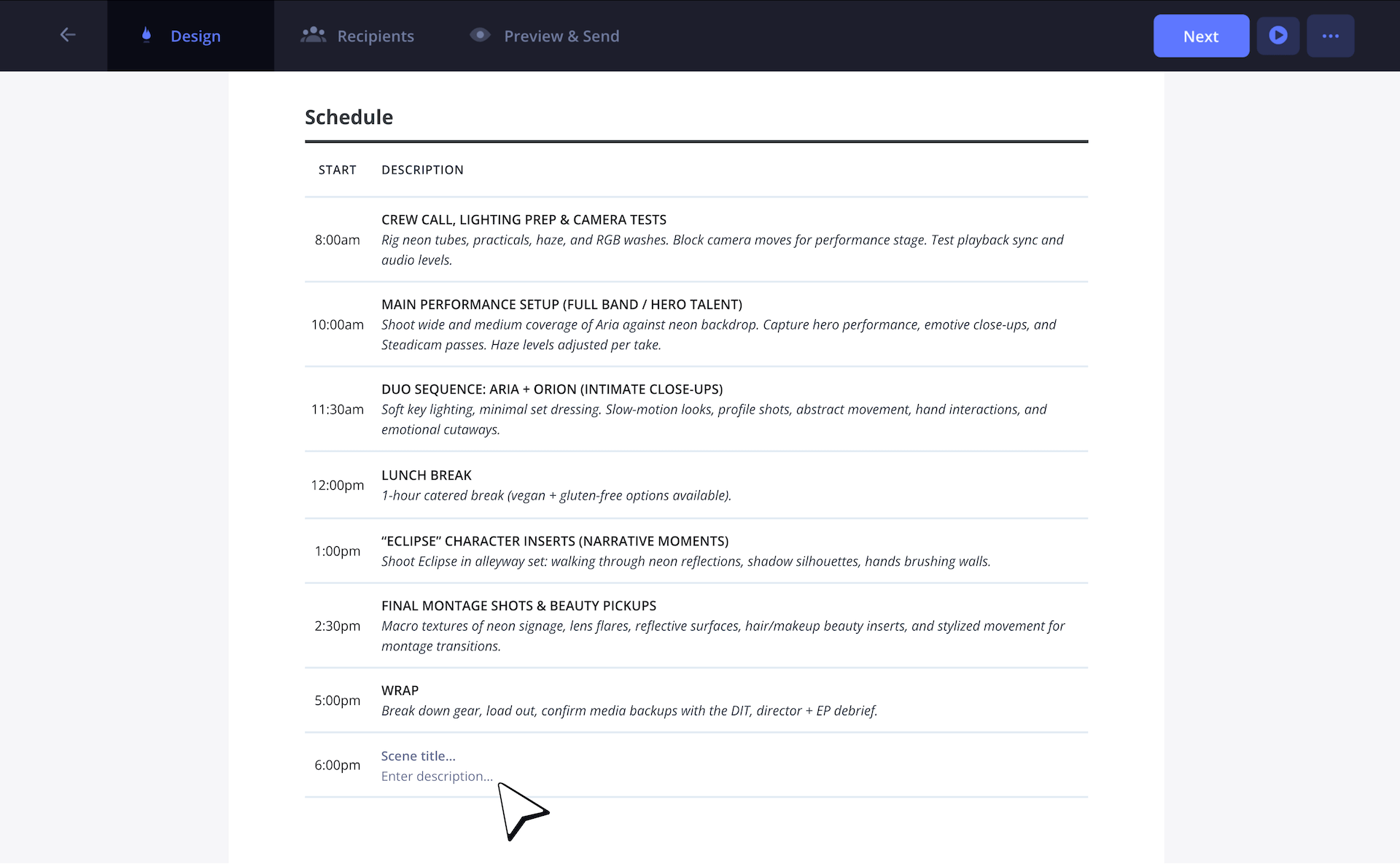 Music Video Call Sheet Shooting Schedule Add Daily Schedule for Film Crew with Lunch Break Music Video Call Sheet Shooting Schedule Add Daily Schedule for Film Crew with Lunch Break