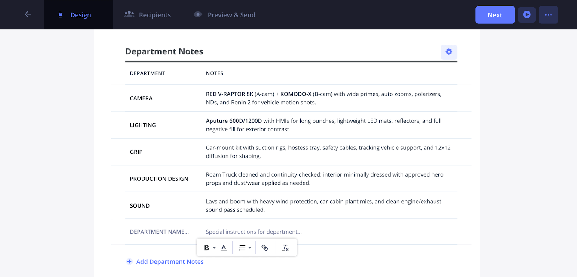Music Video Call Sheet Shot Notes Add Special Instructions for Film Departments on Production Music Video Call Sheet Shot Notes Add Special Instructions for Film Departments on Production