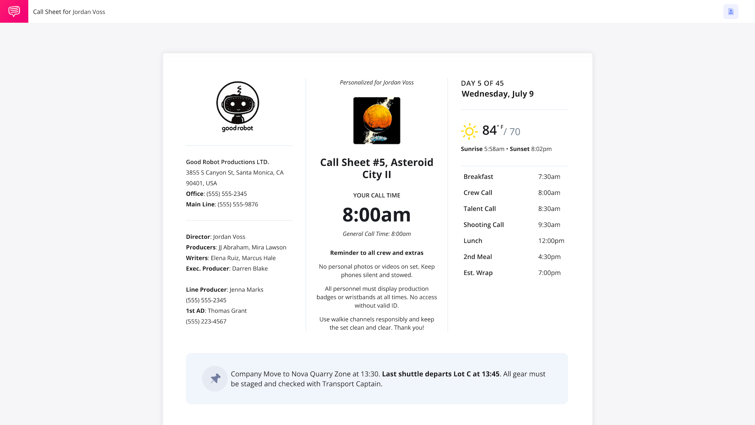 Filming Call Sheet Template Sample Call Sheet Sample with StudioBinder Call Sheet Creator App Filming Call Sheet Template Sample Call Sheet Sample with StudioBinder Call Sheet Creator App