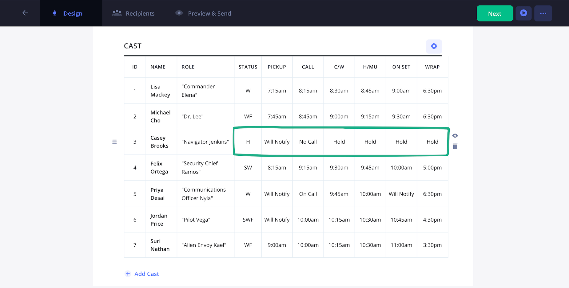 Movie Call Sheet Template Film Cast Information Section with SWHF Details StudioBinder Movie Call Sheet Template Film Cast Information Section with SWHF Details StudioBinder